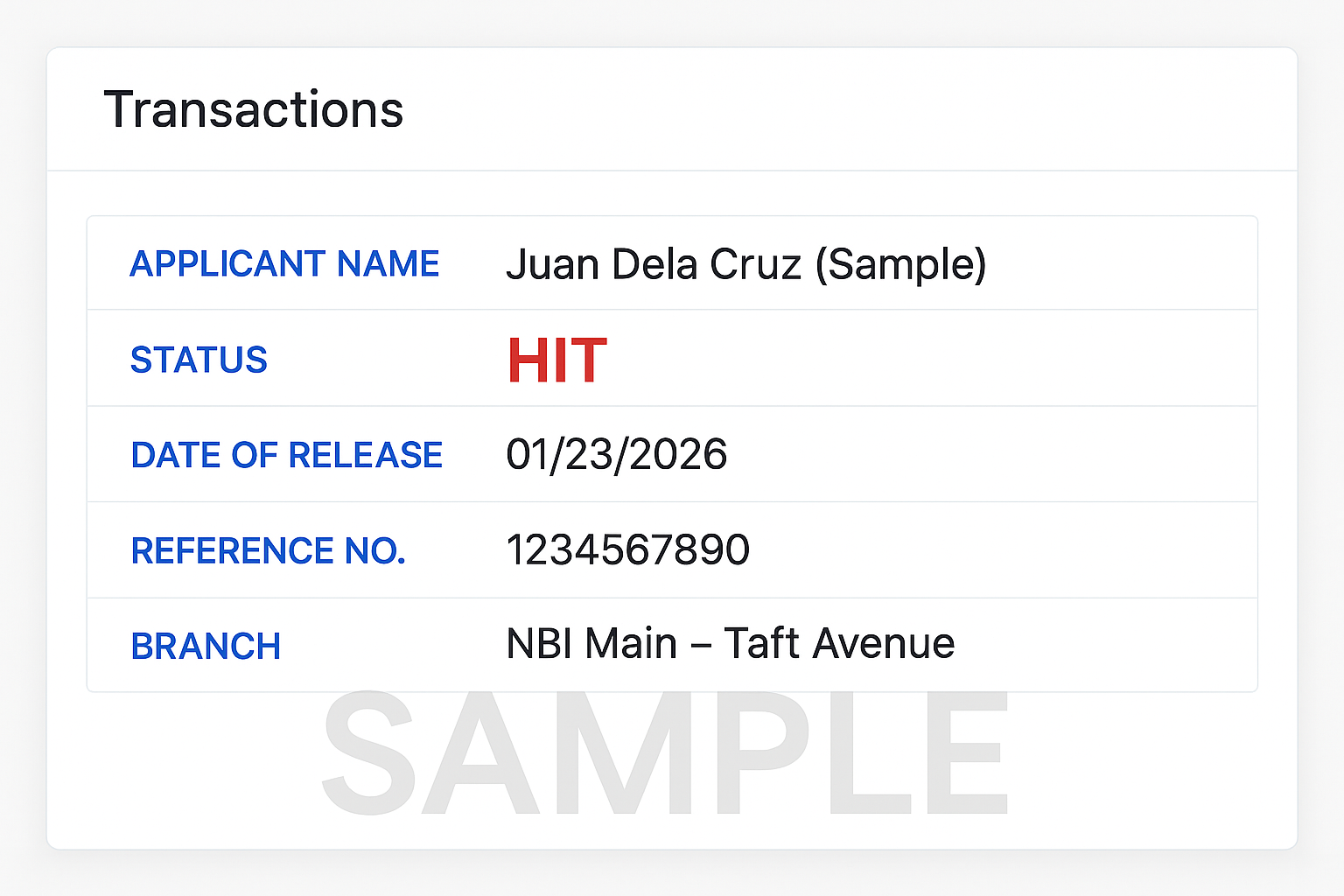 NBI Clearance hit status show