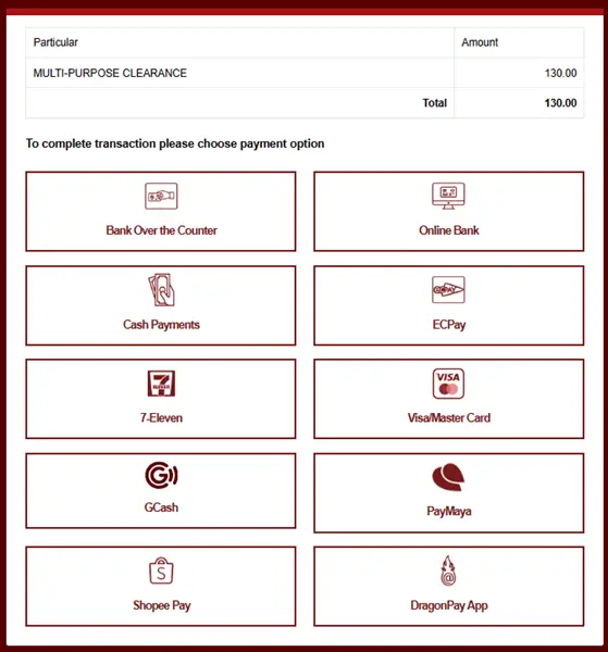 Payment options for NBI appointment
