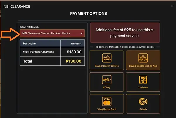 Select NBI Branch and Payment Method